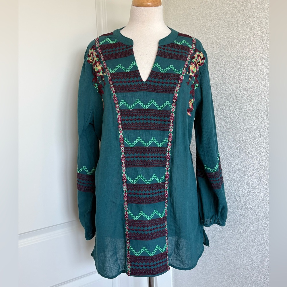Soft Surroundings Embroidered Floral Tunic Blouse Top Sz XL Boho Artsy Peasant